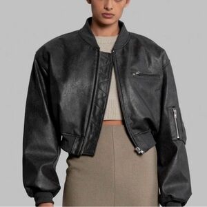 The Frankie Shop GAE FAUX LEATHER CROPPED BOMBER - CHARCOAL
